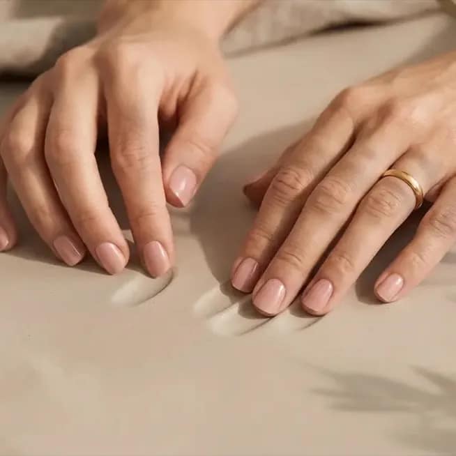 A pair of hands resting on a warm beige surface after a natural manicure